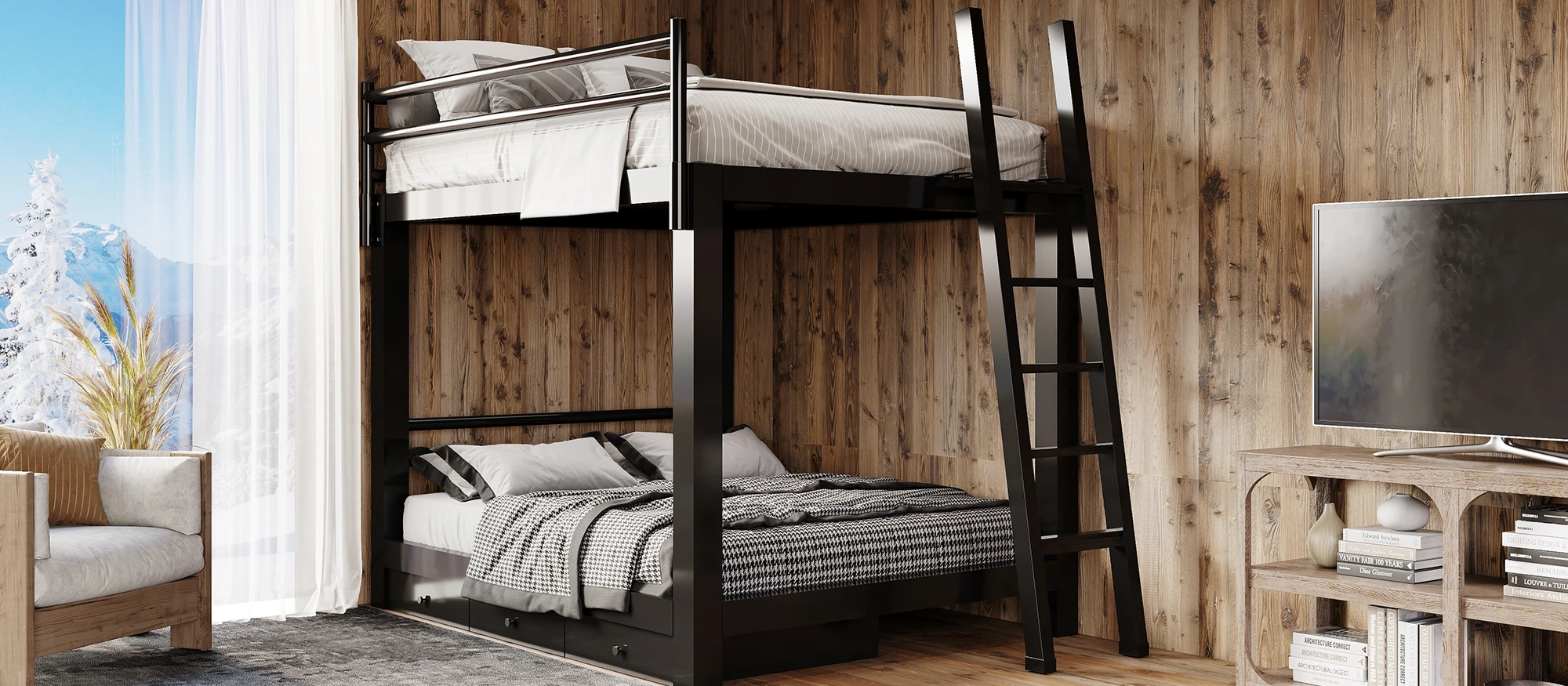 Black Queen Over Queen Bunk Bed for Adults in an upscale mountain home bedroom with wood paneled walls seen from the lower right-hand corner of the bed away from the wall.