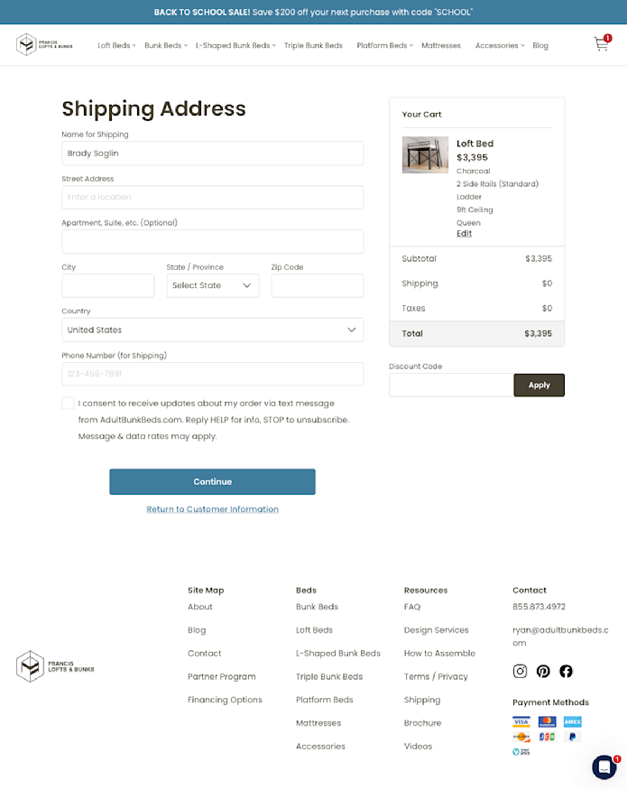 Checkout page for a loft bed purchase. The form asks for shipping address details, with an image and summary of the loft bed order on the right, including price, quantity, and payment method options at the bottom.