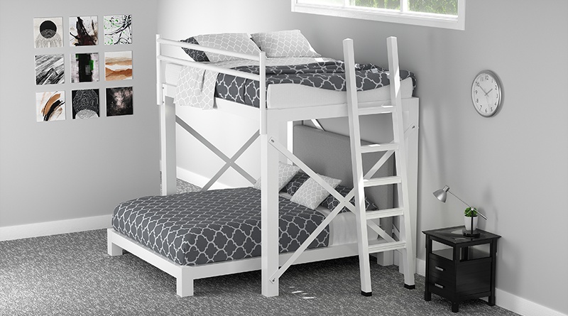 White Full Over Queen L-Shaped Bunk Bed with gray and white bedding in a basement guest room area seen from a distant angle at the lower right-hand corner of the top bunk.