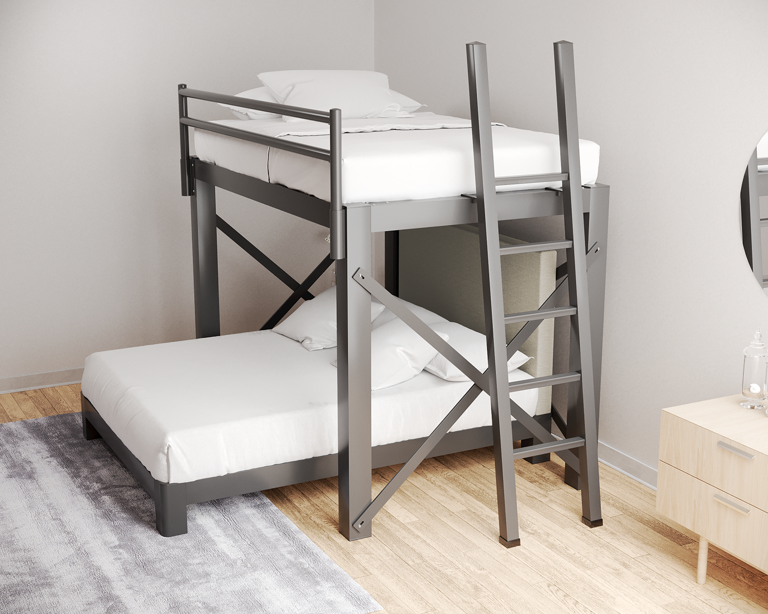 Full Over Queen L Shaped Bunk Bed Charcoal Ladder Light Gray