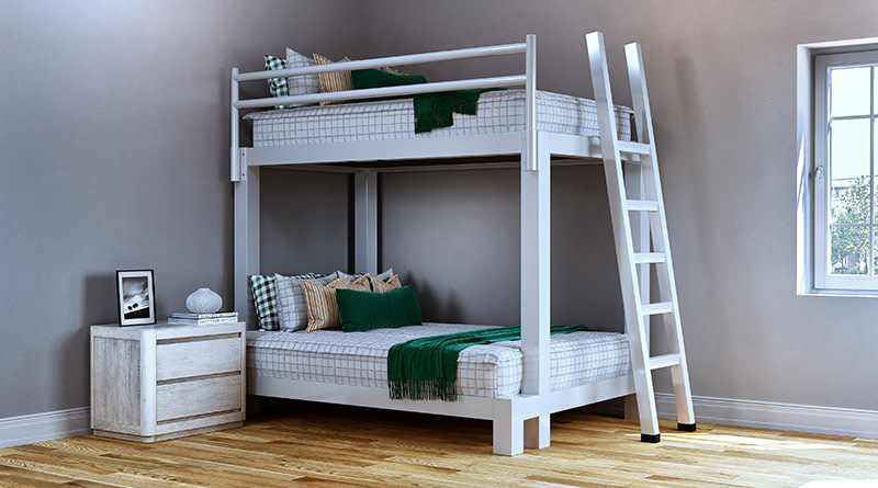 A white Full XL Over Queen Adult Bunk Bed with the Aiden-style zipper bedding from Beddy's on each bunk.