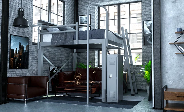 A light gray king size Adult Loft Bed in a modern industrial style apartment seen from a distance at the lower right hand corner.