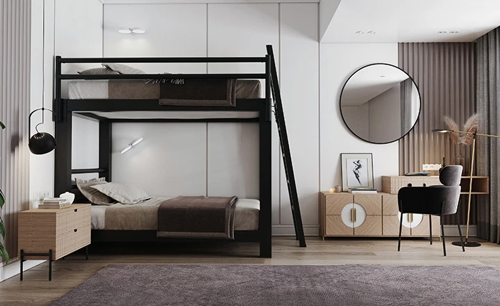 Black Adult Bunk Bed in an upscale luxury urban bedroom with brown and tan bedding seen from a distance directly facing the right-hand side of the bed frame with the guardrail.