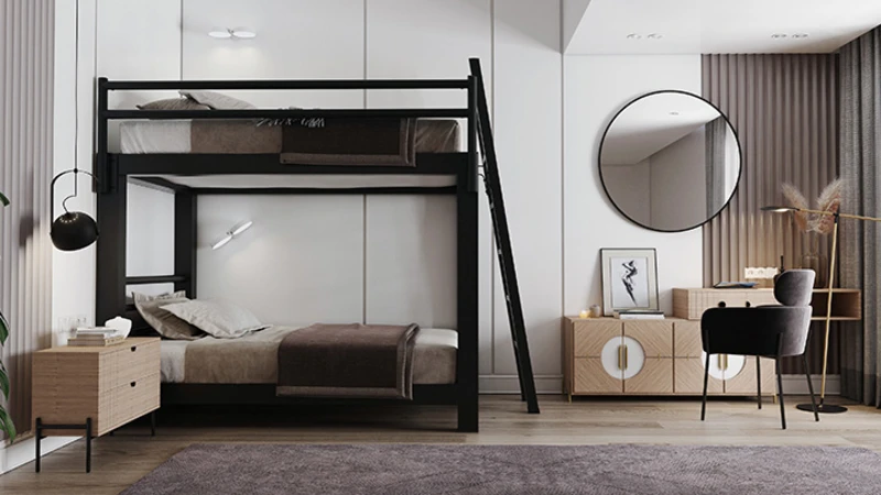 Black Adult Bunk Bed in an upscale luxury urban bedroom with brown and tan bedding seen from a distance directly facing the right-hand side of the bed frame with the guardrail.