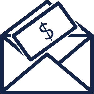 Blue outline of an envelope with money going inside it