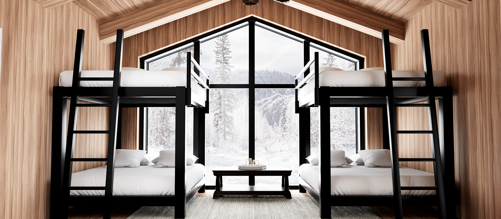 Two black metal Adult Bunk Beds in a bright, open cabin with wood paneled walls in front of a huge window with a winter scene outside of it seen from the foot of each side-by-side bed.