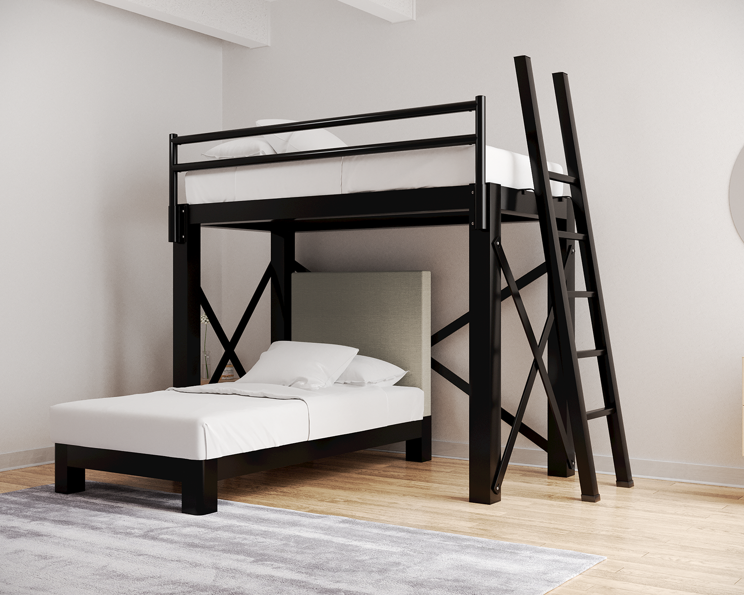 Twin L Shaped Bunk Bed Black Ladder Light Gray