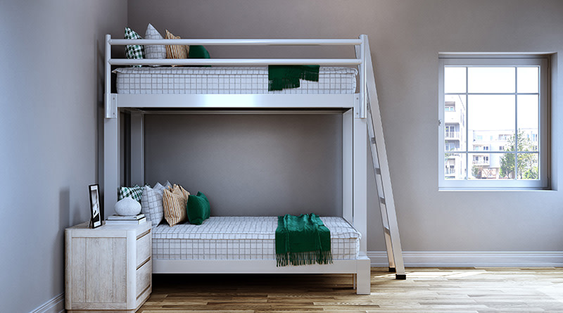 Aiden-style (off-white with grayish brown cross pattern) on both bunks of a white Full XL Over Queen Adult Bunk Bed seen from a distance directly from the side.