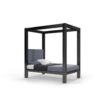 A black full size metal canopy bed