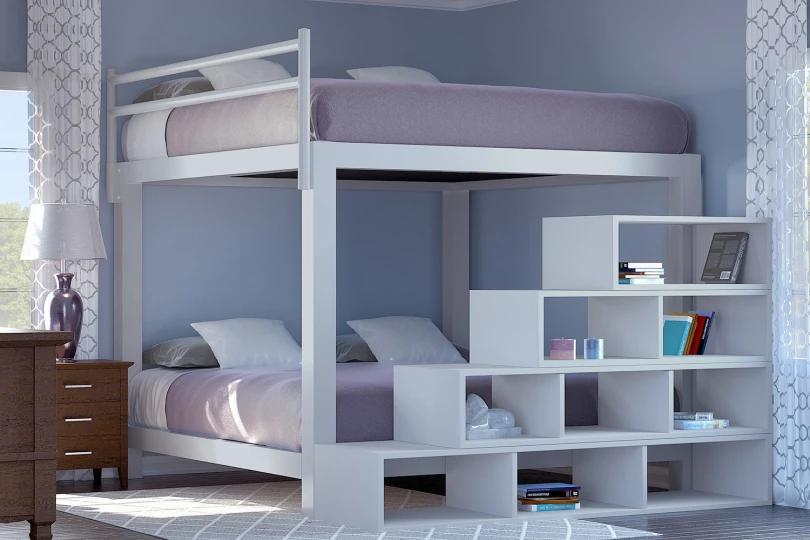 A large light gray Adult Bunk Bed with a matching wooden staircase and light purple bedding in a simple guest bedroom with light blue walls.