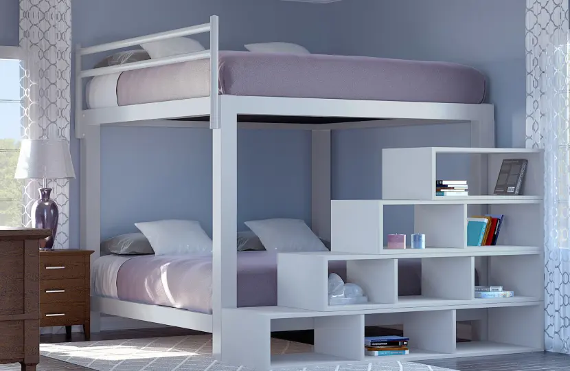 A large light gray Adult Bunk Bed with a matching wooden staircase and light purple bedding in a simple guest bedroom with light blue walls.