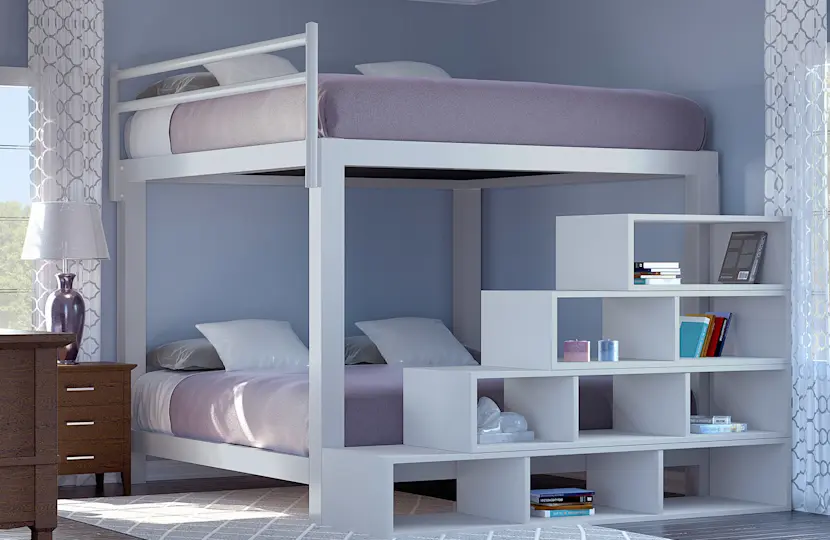 A large light gray Adult Bunk Bed with a matching wooden staircase and light purple bedding in a simple guest bedroom with light blue walls.