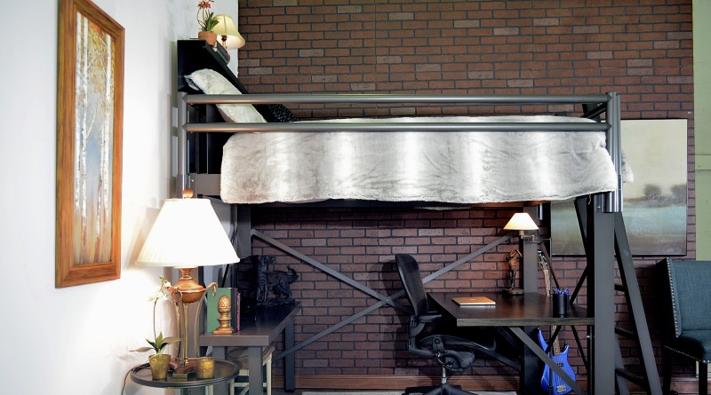 A charcoal Adult Loft Bed seen from the side