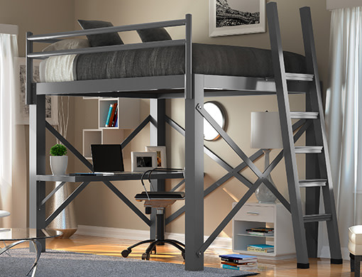 A charcoal Queen Loft Bed with an attached desk and full home office setup beneath the bed frame seen from the lower left hand corner.