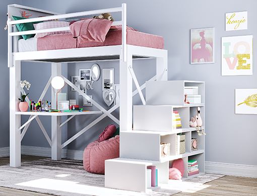 A white Twin XL size Adult Loft Bed with stairs and a bookshelf in a bedroom designed for a teenage girl. Seen from a corner angle at the lower right-hand side.