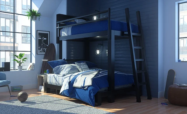 A black Twin Over Full Adult Bunk Bed in a young man's condo bedroom with blue bedding. Seen from the lower right hand corner at a direct head-on angle.