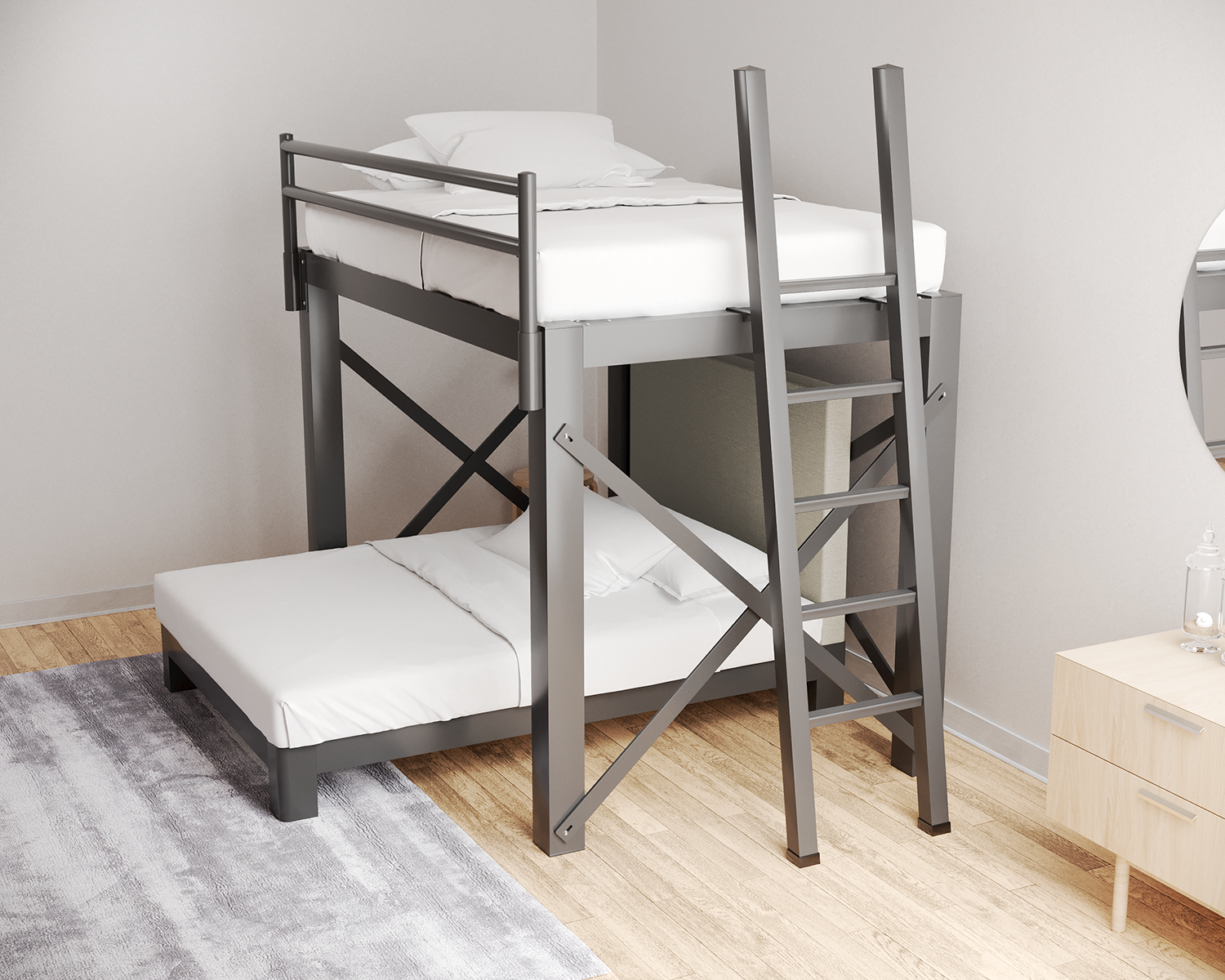 Full L Shaped Bunk Bed Charcoal Ladder Light Gray