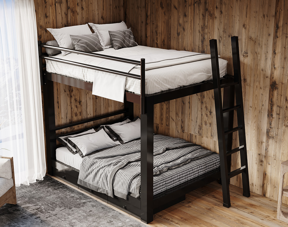 Black Queen Over Queen Adult Bunk Bed with black drawers in a mountain home with light wooden walls.