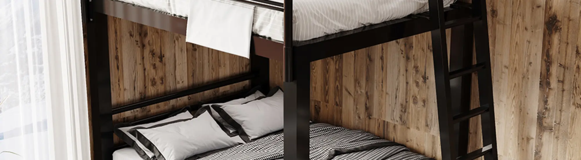 Black Adult Bunk Bed with black drawers in a mountain home with light wooden walls.