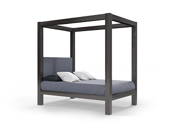 A charcoal queen size metal canopy bed