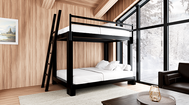 Black Full XL Over Queen Bunk Bed for adults in a high-end luxury cabin bedroom seen from the lower left-hand corner of the bed frame.