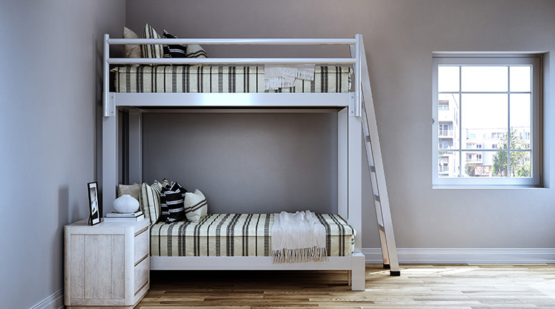 A white Full XL Over Queen Adult Bunk Bed in a sparsely decorated guest room seen from the right-hand side and made up with Ashton-style Beddy's zippered bedding on both bunks.