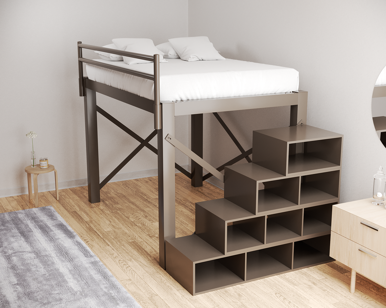 Queen Loft Bed Bronze Staircase