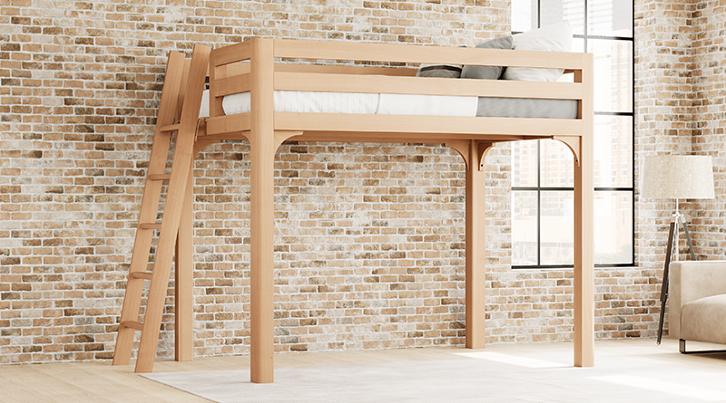 Queen Size Wood Loft Bed for Adults in an urban loft apartment with exposed pale brick walls seen from the left-hand side of the bed at a slight angle toward the foot of the bed frame.
