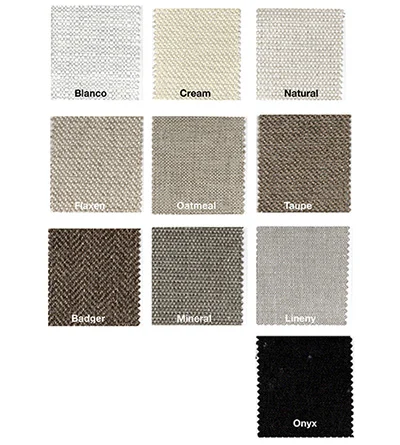 An array of different fabric options laid out in squares in three rows of three (plus one extra). These are mainly gray and tan fabrics.