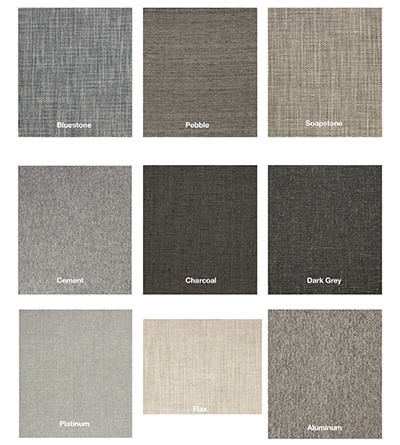 An array of different fabric options laid out in squares in three rows of three. These are mainly gray and tan fabrics.