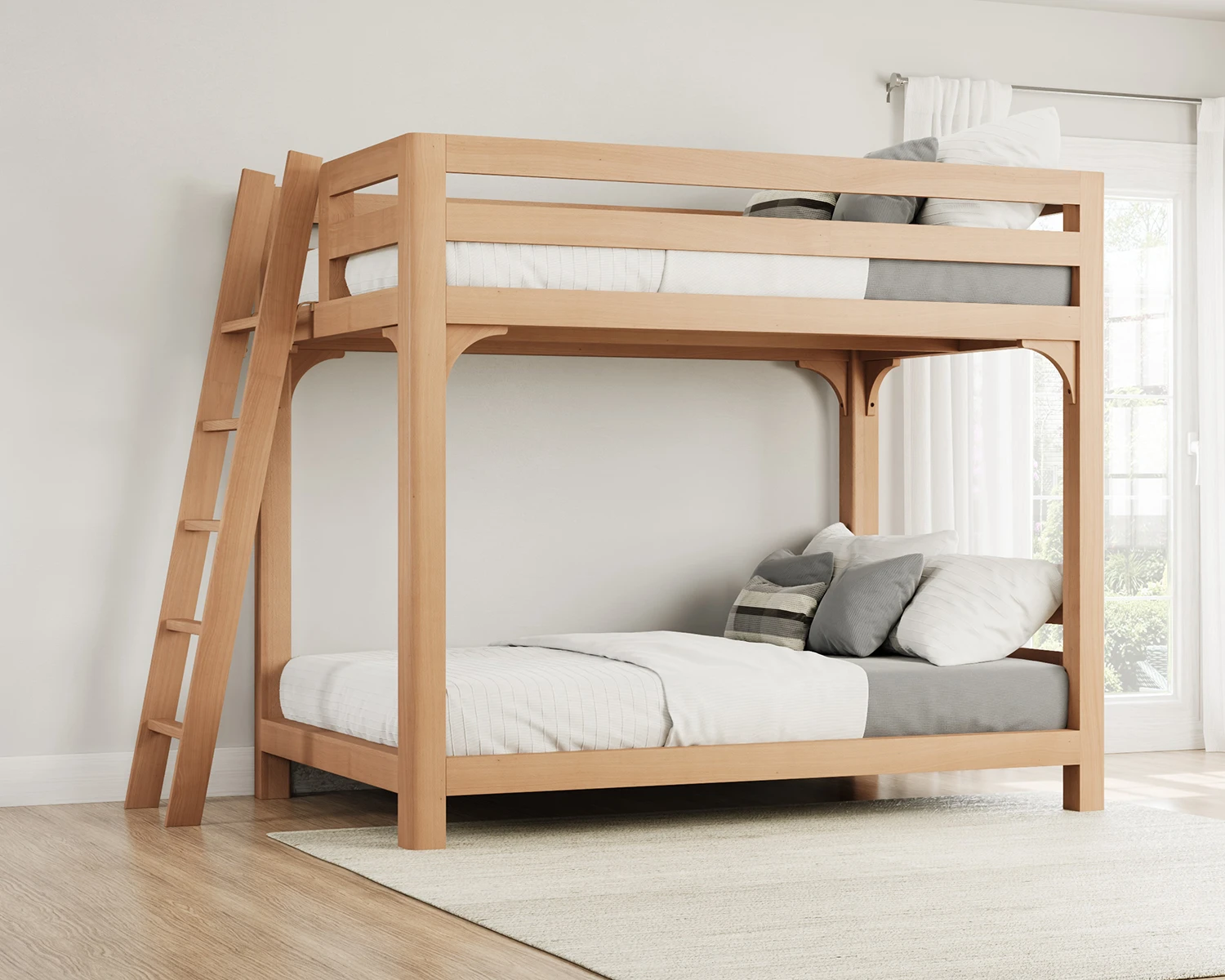 Queen Wood Bunk Bed Natural Ladder