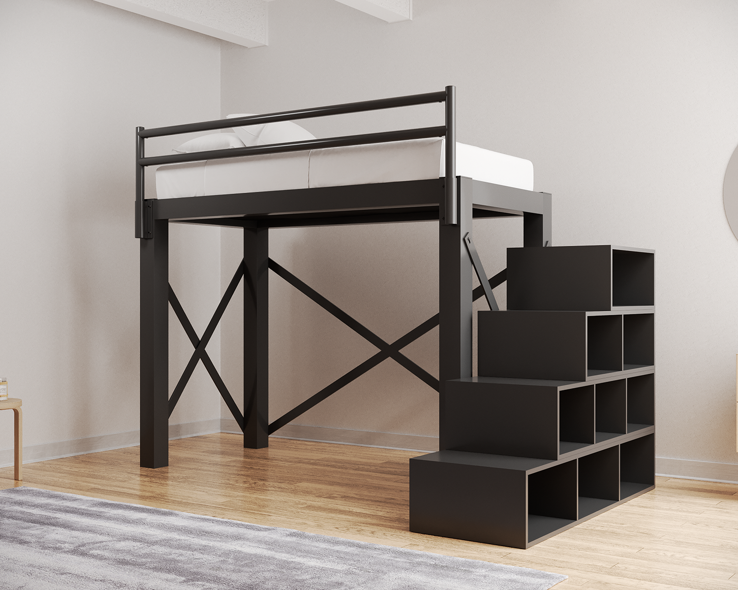 Twin Loft Bed Charcoal Staircase