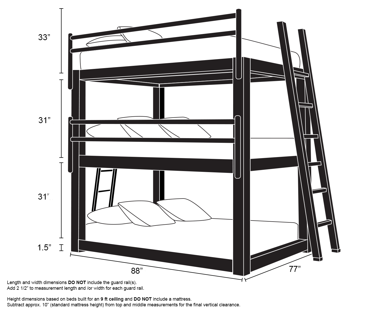 King Triple Bunk Bed Charcoal