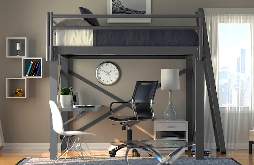 A modern room with a loft bed and a workspace underneath. The area includes a desk with a chair, a small shelf, a wall clock, and decor items. A large window on the right lets in natural light, and the walls are painted in a soft beige color.