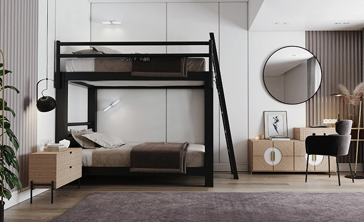 Black Adult Bunk Bed with brown-beige bedding in a very modern bedroom seen directly from the left-hand side of the bed with the guard rail.