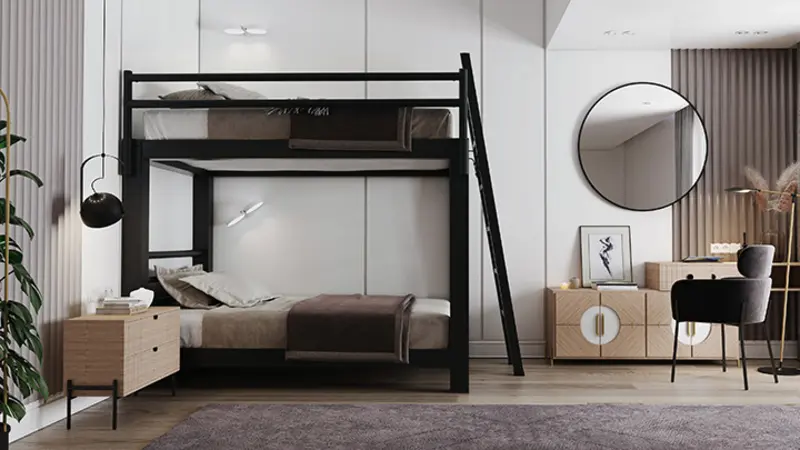 Black Adult Bunk Bed with brown-beige bedding in a very modern bedroom seen directly from the left-hand side of the bed with the guard rail.