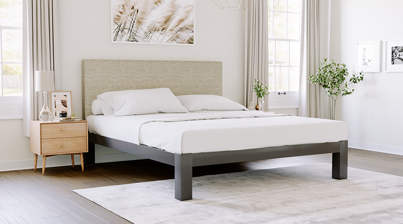 Charcoal Texas King Platform Bed with an oatmeal headboard in a neutral upscale master bedroom seen from the lower right-hand corner of the bed.