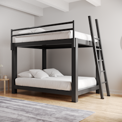 Charcoal-colored queen over queen size metal bunkbed for adults with a ladder.