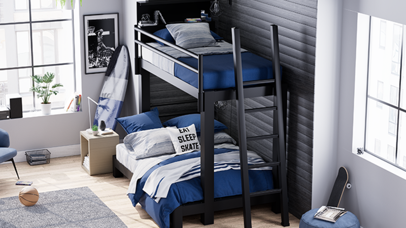 Black mixed size Adult Bunk Bed in a teenagers bedroom inside a luxury high-rise condo seen from a high angle facing the foot of the bed frame at a slight distance.