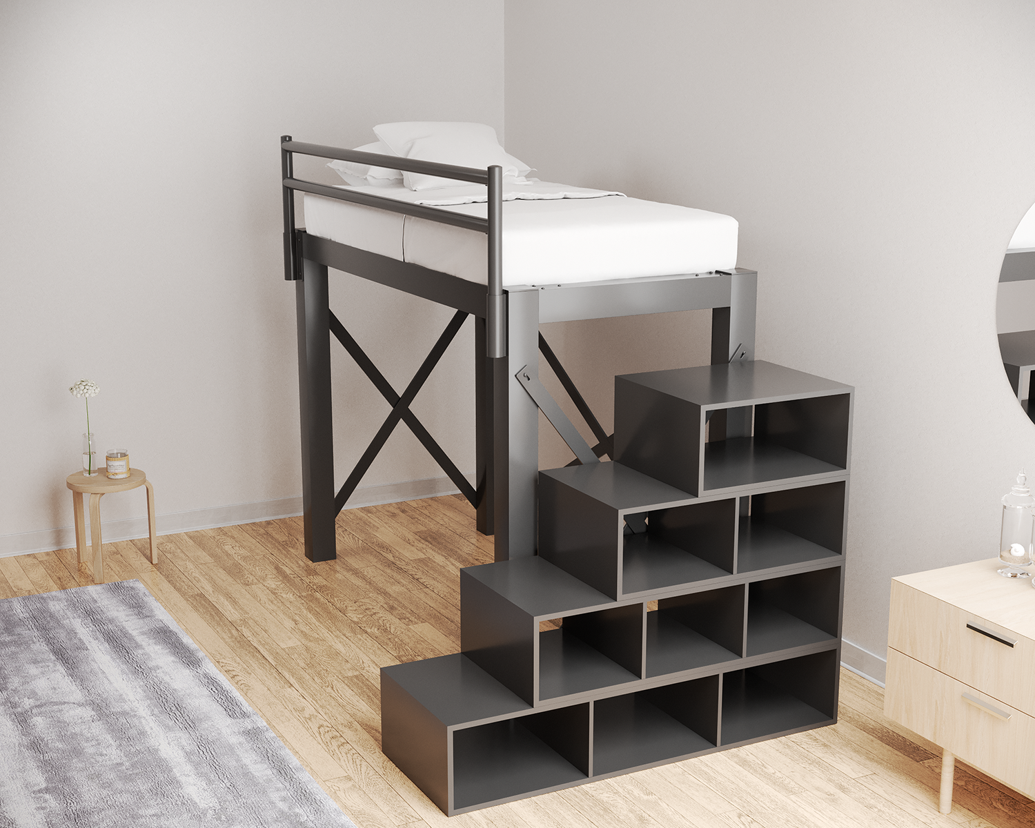 Twin Loft Bed Charcoal Staircase