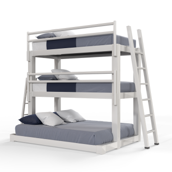 A white Twin XL Over Twin XL Over Queen Triple Bunk Bed for adults