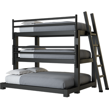 A black Twin XL Over Twin XL Over Queen Triple Bunk Bed for adults
