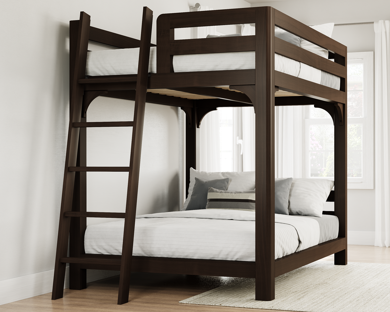 Queen Wood Bunk Bed Espresso Ladder