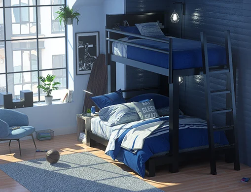 A black Twin Over Full Adult Bunk Bed in a young man's condo bedroom with blue bedding. Seen from the lower right hand corner at a high angle.
