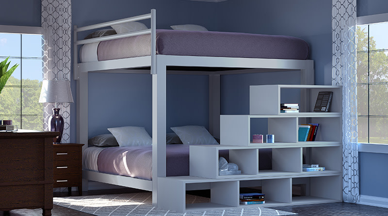 A light gray King Over King Adult Bunk Bed with a matching staircase in a guest bedroom with wooden furniture and purple decor.