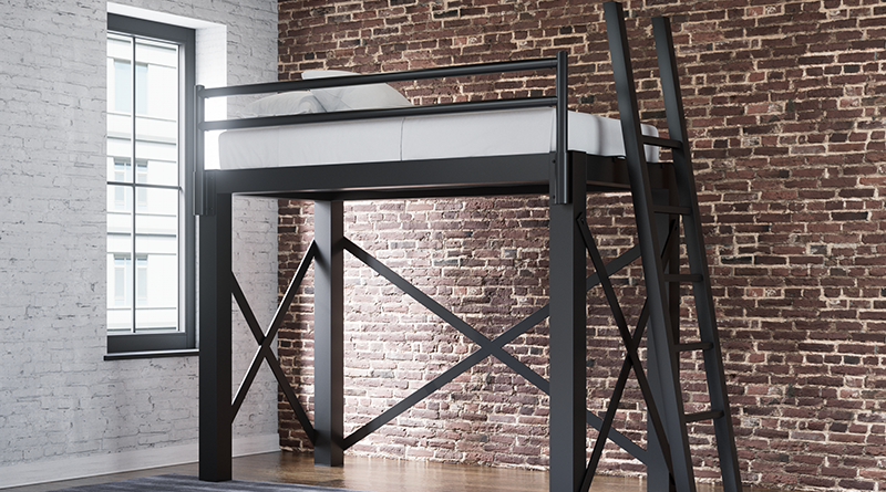 Charcoal Twin Loft Bed for Adults in an urban loft apartment with exposed brick walls seen from the left-hand side of the bed at a slight angle toward the foot of the bed.