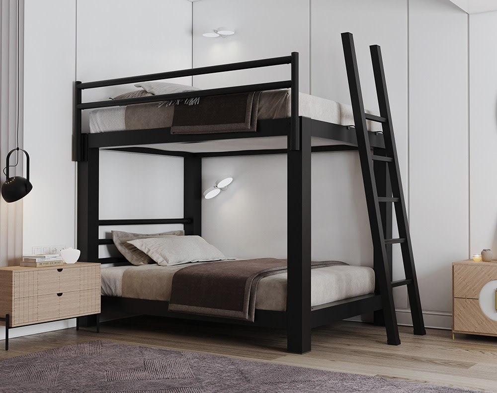 Black Full Over Full Adult Bunk Bed in a high-end bedroom with light wooden furniture.