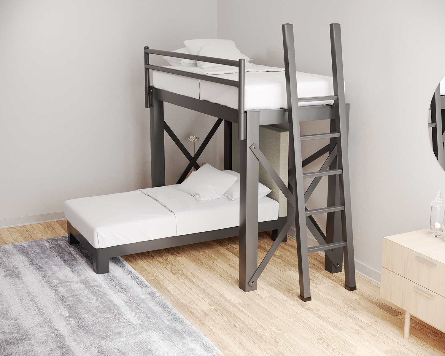 Twin L Shaped Bunk Bed Charcoal Ladder Light Gray