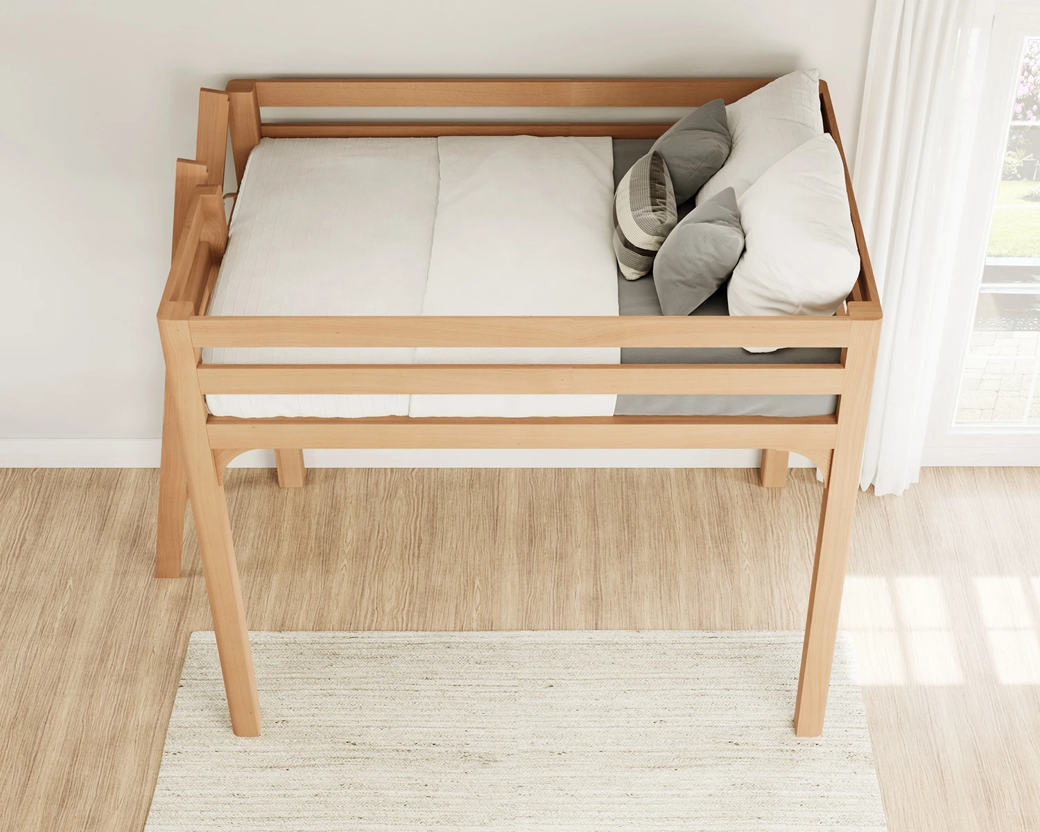 Queen Wood Loft Bed Natural Ladder