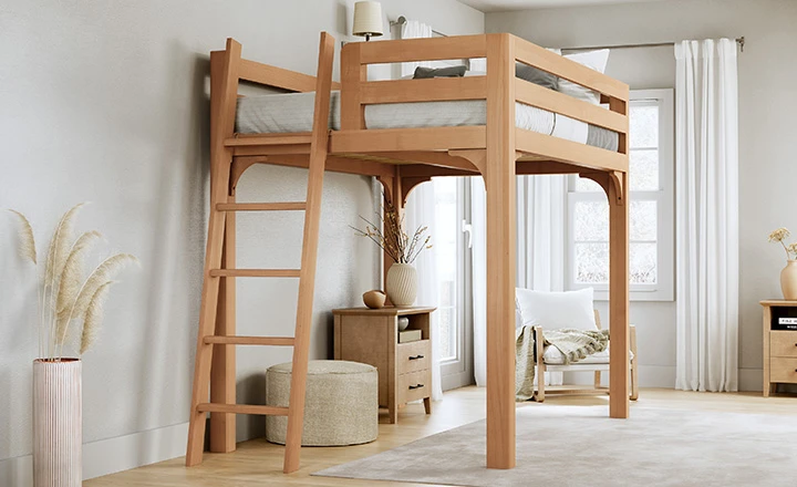 Light colored queen size Wood Loft Bed for Adults in a nice, classy looking room with a lot of natural lighting, seen from the foot of the bed frame where the ladder is attached at a slight angle toward the lower left-hand corner of the bed.